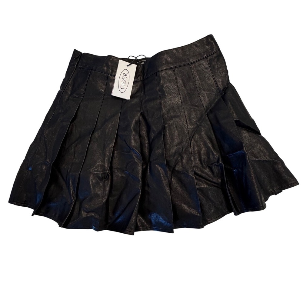 Cider Black Faux Leather Pleated Mini Skirt High Waisted Side Zip Womens Size M